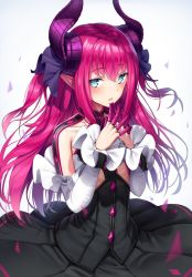 Rule 34 | 10s, 1girl, bad id, bad twitter id, blue eyes, blush, breasts, collarbone, curled horns, detached sleeves, dragon girl, dragon horns, dragon tail, dress, elizabeth bathory (fate), elizabeth bathory (fate/extra ccc), elizabeth bathory (first ascension) (fate), fate/extra, fate/extra ccc, fate/grand order, fate (series), finger cots, finger gloves, gloves, gradient background, hair between eyes, hair ribbon, highres, horns, long hair, looking at viewer, open mouth, pink gloves, pink hair, pointy ears, ribbon, sidelocks, simple background, small breasts, solo, superpig, tail, two side up
