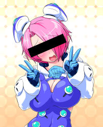 Rule 34 | 1girl, ahegao, bar censor, black theme, blush, breasts, censored, cleavage, cleavage cutout, clothing cutout, double v, facing viewer, female focus, hair ornament, identity censor, large breasts, looking at viewer, open mouth, original, phantasy star, phantasy star zero, pink hair, pointless censoring, pointy ears, rei (holyspirit), short hair, solo, v, wizard-of-obi, zefirumu
