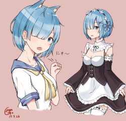 Rule 34 | 10s, 1girl, :d, :o, animal ears, apron, artist name, blue eyes, blue hair, blush, breasts, cat ears, cleavage, cropped torso, dress, flower, frilled apron, frills, from side, hair flower, hair ornament, hair over one eye, highres, looking at viewer, maid, maid headdress, mango (mgo), medium breasts, multiple views, one eye covered, open mouth, paw pose, re:zero kara hajimeru isekai seikatsu, rem (re:zero), ribbon-trimmed legwear, ribbon-trimmed sleeves, ribbon trim, sailor dress, short hair, simple background, smile, thighhighs, upper body, white thighhighs, x hair ornament