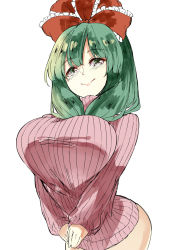 Rule 34 | 1girl, bow, breasts squeezed together, breasts, deetamu, frilled ribbon, frills, green eyes, green hair, hair bow, hair ribbon, highres, kagiyama hina, large breasts, looking at viewer, no pants, own hands together, red bow, ribbon, simple background, smile, solo, sweater, touhou, white background