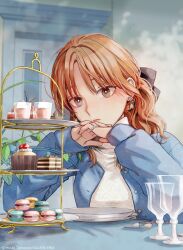 Rule 34 | 1girl, absurdres, brown eyes, buttons, cherry, closed mouth, cup, cupcake, drinking glass, earrings, food, fork, fruit, fuyutsuki (koori zokusei danshi), highres, interlocked fingers, jewelry, koori zokusei danshi to cool na douryou joshi, leaf, lipstick, long hair, long sleeves, looking at viewer, macaron, makeup, nail polish, official art, orange hair, plate, ring, second-party source, solo, sweets, tiered tray, tonogaya, upper body