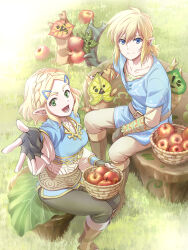 Rule 34 | 1boy, 1girl, :d, absurdres, apple, black gloves, black pants, blonde hair, blue eyes, blue tunic, braid, brown pants, closed mouth, commentary request, crown braid, fingerless gloves, food, fruit, fruit basket, gloves, green eyes, hair between eyes, hair ornament, hairclip, headpat, highres, korok, link, looking at viewer, nintendo, open mouth, outdoors, outstretched arm, pants, pointy ears, princess zelda, reaching, reaching towards viewer, short hair, short ponytail, sitting, smile, the legend of zelda, the legend of zelda: tears of the kingdom, tomo.puri
