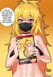 Rule 34 | 1girl, ahoge, armpits, arms behind head, bikini, black bikini, blonde hair, box, breasts, character name, commentary, copyright name, english commentary, english text, hair between eyes, hair ornament, hair scrunchie, highres, holding, holding box, large breasts, long hair, looking at viewer, mask, mouth mask, navel, nipples, nude, ponytail, purple eyes, purple scrunchie, rwby, scrunchie, sex toy, smile, solo, speech bubble, swimsuit, tabletknight, very long hair, yang xiao long