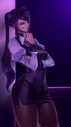 Rule 34 | 1girl, against wall, bartender, black hair, breasts, commentary request, highres, jill stingray, juliet sleeves, legs, lips, long hair, long sleeves, looking at viewer, medium breasts, necktie, neon lights, night, pantyhose, pencil skirt, propellercube, puffy sleeves, red eyes, side slit, skirt, solo, standing, swept bangs, thighhighs, twintails, va-11 hall-a, vest, wrist cuffs