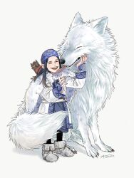 Rule 34 | 1girl, ^ ^, affectionate, ainu, ainu clothes, amii 0219, animal, arrow (projectile), asirpa, belt, blue headband, cloak, closed eyes, commentary request, earrings, full body, fur cloak, golden kamuy, headband, highres, hoop earrings, jewelry, long hair, open mouth, retar, sidelocks, signature, simple background, smile, solo, tongue, tongue out, white background, white belt, white cloak, wolf