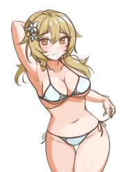 Rule 34 | 1girl, armpits, arms behind head, bikini, blonde hair, blush, breasts, cleavage, closed mouth, flower, genshin impact, hr.r, long hair, looking at viewer, lumine (genshin impact), navel, simple background, sketch, smile, solo, swimsuit, white background, white bikini, white flower, yellow eyes