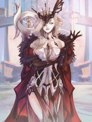 Rule 34 | 1girl, bare shoulders, black gloves, black mask, blonde hair, breasts, cape, dress, earrings, elbow gloves, flower, fur collar, fur trim, genshin impact, gloves, hand on own arm, highres, jewelry, kyuu9, lace, large breasts, long hair, looking at viewer, mask, mask on head, multicolored clothes, multicolored dress, one eye covered, parted lips, red cape, rose, side slit, signora (genshin impact), solo, standing, white eyes