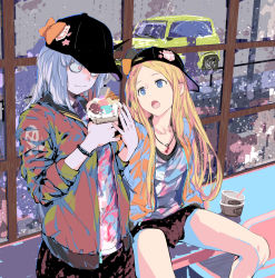 Rule 34 | 2girls, abigail williams (fate), backwards hat, baseball cap, black hat, blonde hair, blue eyes, bow, bracelet, car, contemporary, fate/grand order, fate (series), food, forehead, hat, hat bow, holding, holding food, horns, ice cream, jacket, jewelry, key, key necklace, kiriyama, lavinia whateley (fate), long hair, long sleeves, looking at another, motor vehicle, multiple girls, necklace, open mouth, orange bow, parted bangs, pink eyes, shirt, silver hair, single horn, sitting, skirt, skull print, spread legs, star (symbol), umbrella, wavy mouth, wide-eyed, window