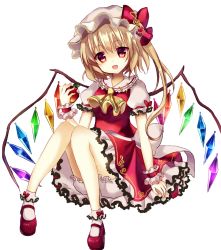 Rule 34 | 1girl, :d, apple, ascot, bad id, bad pixiv id, blonde hair, bloomers, bobby socks, bow, crystal, flandre scarlet, food, frilled shirt collar, frills, fruit, full body, hat, hat bow, highres, looking at viewer, mary janes, mayo (miyusa), mob cap, open mouth, petticoat, puffy short sleeves, puffy sleeves, red bow, red eyes, red footwear, red skirt, red vest, shoes, short sleeves, side ponytail, simple background, skirt, skirt set, smile, socks, solo, touhou, underwear, vest, white background, white bloomers, white socks, wings, wrist cuffs