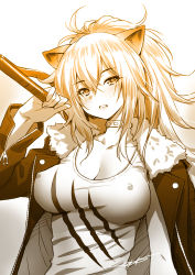 Rule 34 | 1girl, animal ears, arknights, breasts, choker, cleavage, covered erect nipples, fur trim, hair between eyes, highres, jacket, kazuma muramasa, large breasts, lion ears, long sleeves, looking at viewer, monochrome, open clothes, open jacket, ponytail, shirt, siege (arknights), sketch, solo, zipper