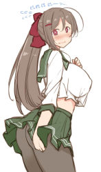 Rule 34 | 10s, 1girl, ahoge, ass, black pantyhose, blush, bow, breasts, brown hair, covered erect nipples, crop top, crop top overhang, hair bow, hair ornament, hairclip, kantai collection, kusano (torisukerabasu), large breasts, long hair, looking at viewer, mamiya (kancolle), midriff, open mouth, pantyhose, pleated skirt, school uniform, serafuku, simple background, skirt, skirt tug, solo, sweat, wavy mouth, white background