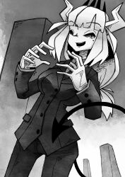 Rule 34 | 1girl, absurdres, blunt bangs, breasts, business suit, closed eyes, commission, demon girl, demon horns, demon tail, formal, gloves, greyscale, hai das, helltaker, highres, horns, large breasts, lucifer (helltaker), medium breasts, mole, mole under eye, monochrome, necktie, open mouth, smile, solo, suit, tail