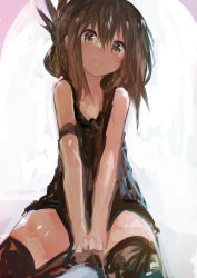 Rule 34 | 1girl, absurdres, armband, between legs, black camisole, brown eyes, brown hair, camisole, commentary request, folded ponytail, hair between eyes, hand between legs, head tilt, highres, inazuma (kancolle), kaamin (mariarose753), kantai collection, looking at viewer, sidelocks, sitting, sleeveless, smile, solo, thighhighs, white background