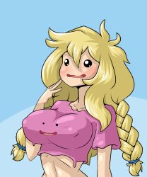 Rule 34 | 1girl, black eyes, blonde hair, blue background, blush, borrowed character, braid, breasts, cleavage cutout, clothing cutout, collarbone, covered erect nipples, creatures (company), crop top, ditto, female focus, game freak, gen 1 pokemon, hair tie, hand up, highres, large breasts, limebreaker, living clothes, long hair, nintendo, open mouth, original, pink shirt, pokemon, pokemon (creature), pokemon rgby, shirt, short sleeves, simple background, smile, twin braids, two-tone background, upper body, wavy mouth