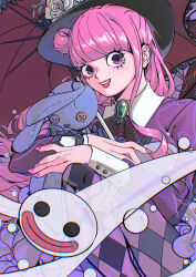 Rule 34 | 1girl, absurdres, black hat, blunt bangs, flower, gem, ghost, hat, hat flower, highres, holding, holding stuffed toy, holding umbrella, kumacy, long hair, looking at viewer, mygiorni, one piece, open mouth, perona, pink hair, pink nails, sidelocks, smile, solo, stuffed animal, stuffed rabbit, stuffed toy, teeth, umbrella, upper teeth only