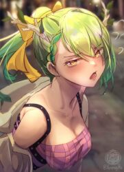 Rule 34 | 1girl, angry, antlers, artist logo, artist name, bow, braid, breasts, ceres fauna, cleavage, commentary, english commentary, green hair, grey hoodie, hair bow, hair ornament, highres, hololive, hololive english, hood, hoodie, horns, jacket, koromay ho, large breasts, long hair, looking at viewer, off shoulder, open mouth, pink shirt, ponytail, shirt, single braid, virtual youtuber, yellow bow, yellow eyes