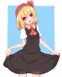 Rule 34 | 1girl, :d, ascot, black dress, blonde hair, blue background, collared dress, commentary, cowboy shot, dress, fang, hair ribbon, head tilt, highres, iroha (pcrx7327), looking at viewer, medium hair, open mouth, red ascot, red eyes, red ribbon, ribbon, rumia, short dress, short sleeves, skin fang, skirt hold, smile, solo, standing, touhou