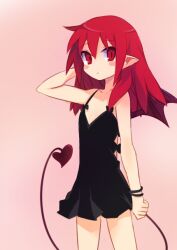 Rule 34 | 1girl, alternate hairstyle, arm behind head, arm up, black dress, blush stickers, cowboy shot, demon girl, demon tail, disgaea, drawfag, dress, etna (disgaea), looking at viewer, non-web source, photoshop (medium), pink background, pointy ears, red eyes, red hair, short dress, simple background, solo, spaghetti strap, tail