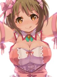 Rule 34 | 10s, 1girl, arms up, breasts, brown eyes, brown hair, cleavage, collar, flower, hair flower, hair ornament, heart, heart-shaped pupils, idolmaster, idolmaster cinderella girls, large breasts, licking lips, matching hair/eyes, mimura kanako, renoa yu, smile, solo, symbol-shaped pupils, tongue, tongue out