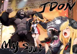 Rule 34 | 1girl, bare shoulders, black kimono, black sclera, blonde hair, closed eyes, colored sclera, commentary request, detached sleeves, english text, gloves, glowing, glowing eyes, gorilla, gorilla mask, highres, holding, holding microphone, holding smoking pipe, hololive, hololive indonesia, idol, japanese clothes, kaela kovalskia, kimono, kiseru, long hair, microphone, muscular, popo (popo0cat), red gloves, sleeveless, sleeveless kimono, smoking pipe, stage, virtual youtuber, wide sleeves, yellow eyes