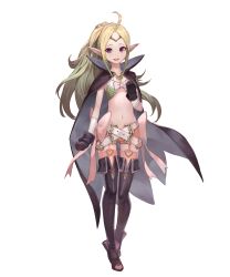 Rule 34 | 1girl, belt, belt skirt, breasts, cape, fire emblem, fire emblem awakening, fire emblem heroes, full body, gloves, green hair, hand on own chest, highres, jewelry, lack, looking at viewer, midriff, navel, nintendo, nowi (fire emblem), official art, open mouth, pink thighhighs, pointy ears, ponytail, purple eyes, ribbon, shorts, simple background, small breasts, smile, solo, standing, thighhighs, tiara, transparent background