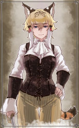 Rule 34 | 1girl, alternate costume, animal ears, arm at side, ascot, blonde hair, blue eyes, bracer, breasts, brown hair, cat girl, center frills, closed mouth, collared shirt, colored inner hair, corset, fingernails, frills, hair between eyes, half-closed eyes, hand on own hip, highres, holding, holding sword, holding weapon, kemono friends, light smile, long sleeves, looking at viewer, medium breasts, multicolored hair, pants, saber (weapon), shirt, sleeves past wrists, smilodon (kemono friends), solo, sword, tail, toriny, weapon, white hair