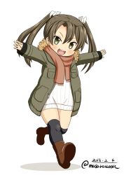 Rule 34 | 1girl, alternate costume, black thighhighs, boots, brown scarf, chibi, coat, dated, dress, full body, fur-trimmed coat, fur trim, green coat, green eyes, grey hair, hair ribbon, kantai collection, looking at viewer, masara (chuujou), one-hour drawing challenge, open mouth, outstretched arms, ribbed sweater, ribbon, scarf, simple background, smile, solo, sweater, sweater dress, thighhighs, twitter username, white background, white ribbon, zuikaku (kancolle)