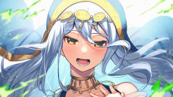 Rule 34 | 1girl, azura (fire emblem), bare shoulders, blue dress, blue hair, blush, collarbone, commentary request, dress, fire emblem, fire emblem fates, fire emblem heroes, floating hair, gold trim, hair between eyes, half-closed eyes, highres, jewelry, long hair, looking at viewer, music, nakabayashi zun, nintendo, official alternate costume, open mouth, portrait, singing, solo, veil, very long hair, yellow eyes