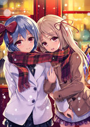 Rule 34 | 2girls, alternate costume, arm hug, bat wings, blonde hair, blush, coat, commentary request, contemporary, cross, cross necklace, crystal, duffel coat, flandre scarlet, hair ribbon, hat, hat ribbon, jewelry, light purple hair, long hair, multiple girls, necklace, open mouth, oukatihiro, outdoors, plaid, plaid scarf, red eyes, remilia scarlet, ribbon, scarf, shared clothes, shared scarf, short hair, siblings, side ponytail, sisters, skirt, smile, snow, snowing, touhou, wings, winter, winter clothes