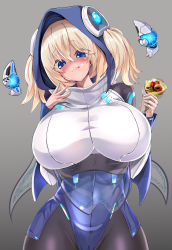 Rule 34 | 1girl, absurdres, blonde hair, blue eyes, blush, bodysuit, breasts, covered navel, crepe, ella of the sky, food, gradient background, grey background, groin, hair through headwear, highres, huge breasts, last origin, licking lips, medium hair, simple background, solo, tongue, tongue out, twintails, underbust, upper body, wide hips, yume no hana (sbac0019)
