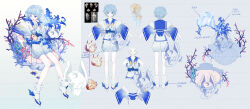 Rule 34 | 1boy, :d, absurdres, animal on arm, axolotl, bare shoulders, blue eyes, blue hair, blue jacket, blue sailor collar, blue sash, blue veil, chair, character sheet, conch, coral, fang, full body, gradient background, gradient clothes, gradient jacket, haori, highres, jacket, japanese clothes, kimono, kokawaamon, long sleeves, looking at animal, looking at viewer, looking to the side, loose socks, male focus, multiple views, open mouth, original, pom pom (clothes), puffy shorts, reference inset, sailor collar, sandals, sash, seashell, shell, shoes, short bangs, short hair, short kimono, shorts, sidelocks, simple background, sitting, skin fang, sleeveless, sleeveless kimono, slit pupils, smile, socks, standing, starfish, tropical fish, turnaround, veil, watermark, white background, white footwear, white jacket, white kimono, white shorts, white socks, wide sleeves, winged footwear, wispy bangs, zouri