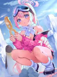Rule 34 | 1girl, :o, absurdres, bare legs, bare shoulders, bikini, bird, black bikini, blue archive, blush, breasts, breath, cleavage, closed mouth, crampons, eimi (blue archive), eimi (swimsuit) (blue archive), goggles, goggles on head, halo, highres, jacket, jacket on shoulders, looking at viewer, medium breasts, official alternate costume, outdoors, padded jacket, penguin, pink hair, pink jacket, ponytail, scarf, sidelocks, ski goggles, snow duck, solo, squatting, swimsuit, white scarf, yu1 na12
