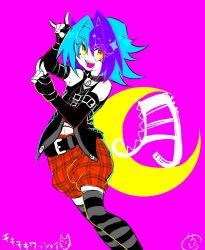 Rule 34 | 1boy, bad id, bad pixiv id, bakuten shoot beyblade rising, belt, beyblade, blue hair, collar, crossdressing, detached sleeves, dress, fishnet top, fishnets, hair intakes, highres, kagami futsuki, medium hair, moon, open mouth, pink background, purple hair, solo, striped clothes, striped thighhighs, thighhighs, trap, yellow eyes