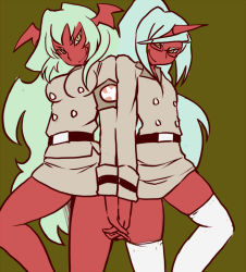 Rule 34 | 10s, 2girls, :q, armband, back-to-back, belt, blue hair, breasts, colored skin, demon girl, flat chest, glasses, green eyes, green hair, head wings, holding hands, horns, interlocked fingers, kneesocks (psg), large breasts, licking lips, long hair, miniskirt, multiple girls, panty &amp; stocking with garterbelt, ponytail, red skin, scanty (psg), school uniform, semi-rimless eyewear, shinobe, siblings, simple background, single horn, sisters, skirt, smile, thighhighs, tongue, tongue out, white legwear, wings
