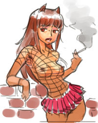 Rule 34 | 1girl, animal ears, breasts, brown hair, cigarette, contrapposto, drawfag, fishnet top, fishnets, holo, long hair, medium breasts, miniskirt, nipples, no bra, prostitution, pun, red eyes, sketch, skirt, smoking, spice and wolf, standing, wolf ears