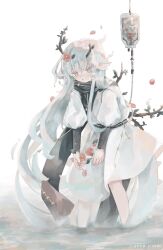 Rule 34 | 1girl, animal ears, black scarf, branch, chomi (xchomio), dated, dress, fingernails, flower, highres, horns, intravenous drip, leaf, long fingernails, long hair, long scarf, long sleeves, looking at viewer, original, parted lips, petals, pink eyes, puffy sleeves, red flower, scarf, signature, solo, standing, tail, very long hair, wading, watermark, white background, white dress, white hair