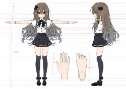 Rule 34 | 1girl, black bow, black footwear, black skirt, black thighhighs, blush, bow, brown eyes, brown hair, capelet, closed mouth, collared shirt, commentary request, dress shirt, gradient hair, grey hair, hair between eyes, hair bow, long hair, looking at viewer, macchiato (jae-min cho), multicolored hair, multiple views, original, outstretched arms, pleated skirt, profile, shirt, shoes, skirt, spread arms, standing, thighhighs, very long hair, white background, white capelet, white shirt