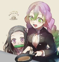Rule 34 | 2girls, arm hug, bit gag, black hair, blouse, braid, braided ponytail, breasts, cleavage, commentary, commentary request, cooking, english text, food, forehead, frying pan, gag, gagged, gagged (willingly), gradient hair, green eyes, green hair, hair between eyes, haori, head on arm, highres, huyuharu0214, jacket, japanese clothes, kamado nezuko, kanroji mitsuri, kimetsu no yaiba, kimono, long hair, looking down, lower teeth only, medium breasts, mole, mole under eye, multicolored hair, multiple girls, open clothes, open jacket, open mouth, open shirt, pancake, pink eyes, pink hair, pink kimono, ponytail, shirt, slit pupils, sparkle, standing, symbol-only commentary, teeth, twin braids, uniform, very long hair