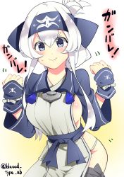 Rule 34 | 1girl, ainu clothes, bandana, blood type ab, blue eyes, cowboy shot, cropped jacket, folded ponytail, hair between eyes, headband, highres, kamoi (kancolle), kantai collection, long sleeves, looking at viewer, pelvic curtain, sidelocks, smile, solo, thick eyebrows, twitter username, white hair, wrist guards