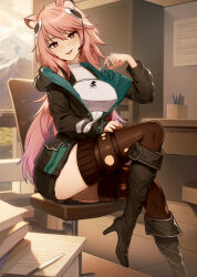 Rule 34 | 1girl, absurdres, animal ear fluff, animal ears, arknights, armor, boots, breastplate, earpiece, gravel (arknights), hand up, high heel boots, high heels, highres, jacket, knee up, long hair, open clothes, open jacket, partially unzipped, prairie dog ears, prairie dog tail, sitting, tail, tenjinmeshi