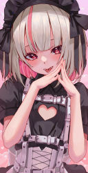 Rule 34 | 1girl, absurdres, black ribbon, black shirt, blunt bangs, blush, buckle, center opening, clothing cutout, colored inner hair, commentary, fangs, flat chest, grey hair, hairband, hands up, heart, heart-shaped pupils, heart cutout, highres, lolita hairband, looking at viewer, makaino ririmu, medium hair, multicolored hair, nijisanji, paid reward available, parted lips, pink background, pink hair, puffy short sleeves, puffy sleeves, ribbon, shirt, short sleeves, solo, sooon, steepled fingers, streaked hair, symbol-shaped pupils, tongue, tongue out, upper body, virtual youtuber