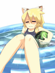 Rule 34 | 1girl, animal ears, bad id, bad pixiv id, blonde hair, cat ears, food, fruit, fuji-k, holding, holding food, holding fruit, one-piece swimsuit, original, school swimsuit, solo, swimsuit, wading pool, water, watermelon