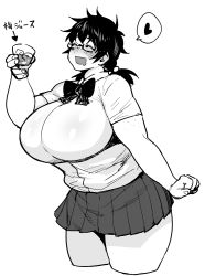 Rule 34 | 1girl, bad id, bad tumblr id, blush, borrowed character, breasts, closed eyes, curvy, drunk, freckles, greyscale, heart, highres, huge breasts, long hair, long sleeves, monochrome, original, simple background, skirt, smile, solo, spoken heart, synecdoche, thick arms, thick thighs, thighs, white background
