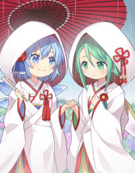 Rule 34 | 2girls, alternate costume, blue eyes, blue hair, cirno, closed mouth, commission, cowboy shot, daiyousei, dress, fairy wings, flower, green eyes, green hair, hair flower, hair ornament, holding hands, ice, ice wings, japanese clothes, kimono, long sleeves, looking at another, multiple girls, red flower, red umbrella, short hair, skeb commission, smile, standing, toto nemigi, touhou, uchikake, umbrella, wedding dress, white kimono, wide sleeves, wings