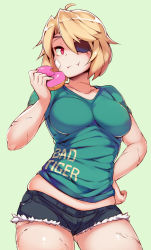 Rule 34 | 1girl, bad id, bad tumblr id, blonde hair, breasts, clothes writing, doughnut, eating, eyepatch, food, hand on own hip, large breasts, looking at viewer, original, red eyes, revision, scar, shirt, short hair, short shorts, shorts, skindentation, solo, t-shirt, zako (arvinry)