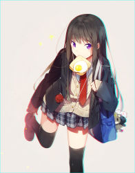Rule 34 | 1girl, adjusting clothes, adjusting shoe, bag, black hair, black thighhighs, bread slice, chromatic aberration, egg, egg (food), food, food in mouth, fried egg, fried egg on toast, hakusai (tiahszld), long hair, mouth hold, necktie, original, plaid, plaid skirt, purple eyes, red necktie, school uniform, skirt, solo, standing, standing on one leg, stuffed animal, stuffed toy, thighhighs, toast, toast in mouth