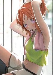 Rule 34 | 1girl, abe nana, absurdres, arms behind head, arms up, backlighting, bare arms, blurry, blurry background, blush, closed mouth, commentary request, cowboy shot, crop top, day, green tank top, hair tie in mouth, highres, huge filesize, idolmaster, idolmaster cinderella girls, indoors, knee up, looking at viewer, midriff, mouth hold, navel, ningen mame, on floor, orange hair, pink eyes, pink towel, ponytail, short hair, short shorts, shorts, sidelocks, sitting, solo, stomach, sunlight, sweat, tank top, towel, towel around neck, tying hair, white shorts, window