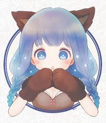 Rule 34 | 1girl, animal ears, ayu (mog), blue eyes, blue hair, blush stickers, braid, breasts, bright pupils, brown gloves, cleavage, framed, gloves, hair ornament, long hair, looking at viewer, original, outside border, parted lips, signature, small breasts, solo, star (symbol), star hair ornament, twin braids, upper body, wolf ears