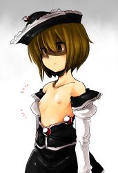 Rule 34 | 1girl, bad id, bad pixiv id, blonde hair, brow, brown eyes, empty eyes, female focus, flat chest, harusame (unmei no ikasumi), hat, lunasa prismriver, nipples, off shoulder, shaded face, short hair, solo, topless, touhou