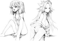Rule 34 | 2girls, barefoot, blush, breasts, cleavage, fang, greyscale, hair ornament, hairclip, highres, japanese clothes, jun&#039;you (kancolle), kantai collection, kimono, large breasts, long hair, long sleeves, monochrome, multiple girls, off shoulder, one-piece swimsuit, open mouth, ryuujou (kancolle), simple background, sitting, small breasts, spiked hair, sweat, swimsuit, traditional media, tsuji kazuho, twintails, wide sleeves